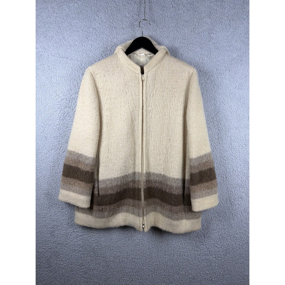 Vintage Hilda Ltd Iceland Women's M 100% Wool Striped Zip Cardigan Jacket Cream